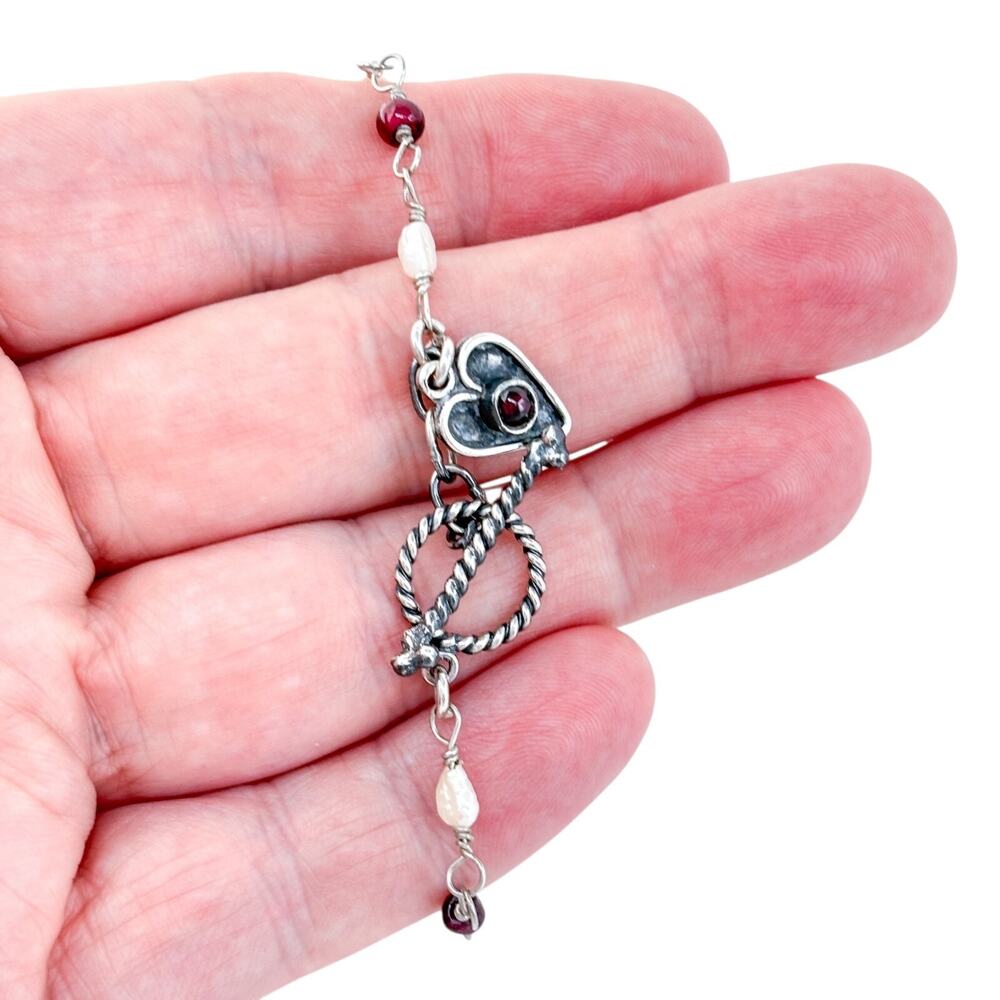 Vintage Sterling Silver 925 Garnet Pearl Heart Charm Bracelet 7.5"